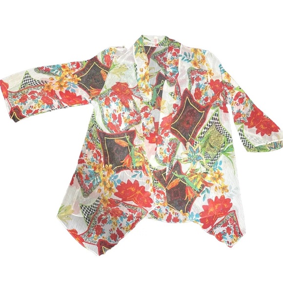 Women’s Colorful Kimono Cardigan Open Cover Up Sheer Bright Floral Layer Artsy - Picture 3 of 10